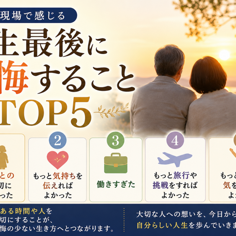 人生最後に後悔することTOP5をわかりやすく紹介したアイキャッチ画像 家族や健康人生について解説