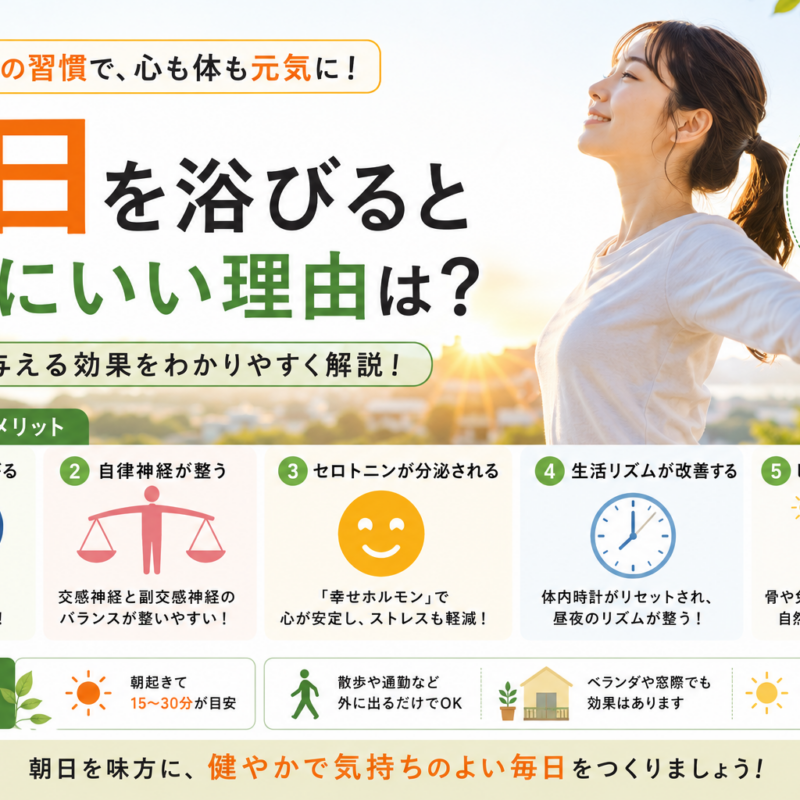 朝日を浴びると健康にいい理由をわかりやすく解説したアイキャッチ画像 睡眠や自律神経への効果を紹介