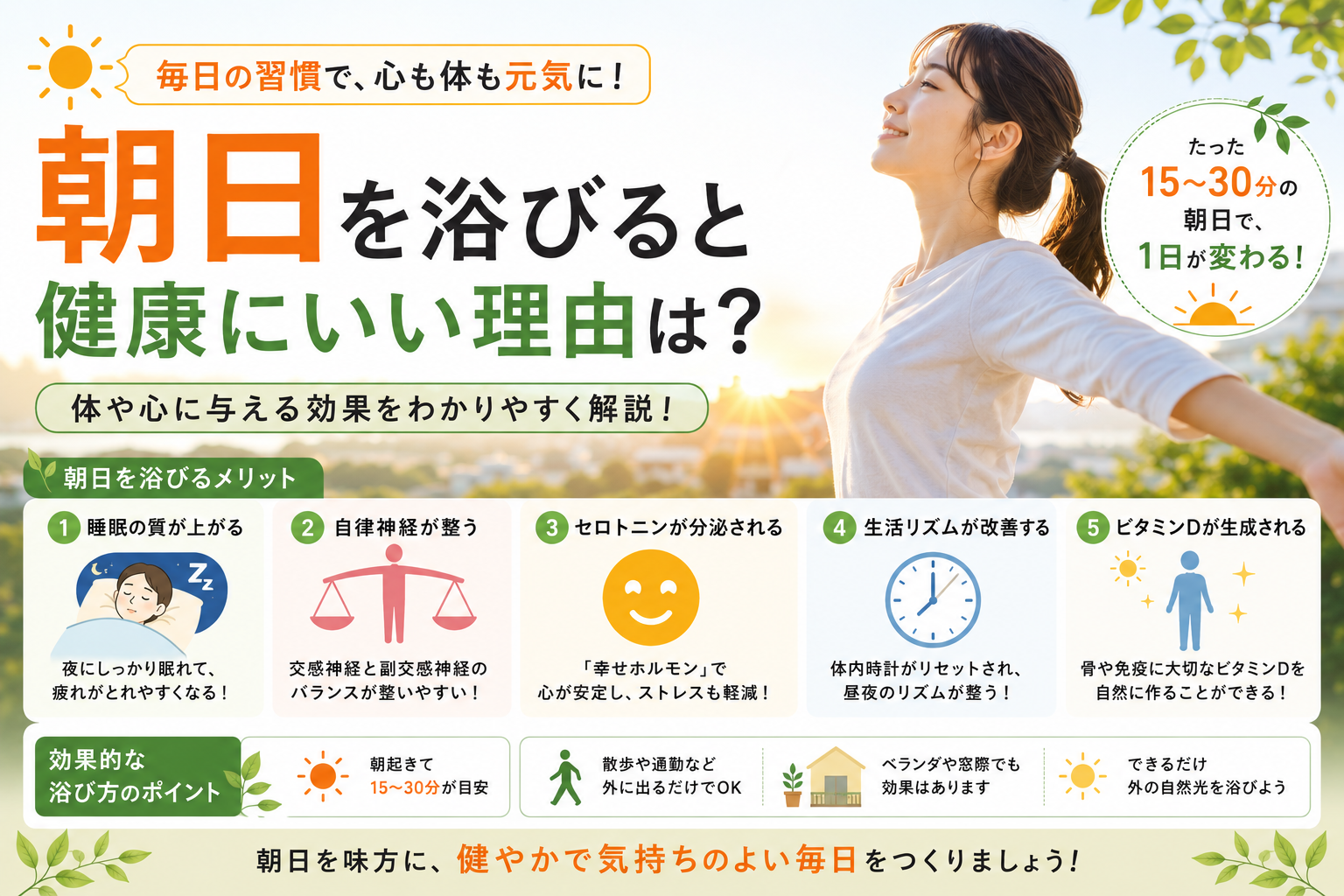 朝日を浴びると健康にいい理由をわかりやすく解説したアイキャッチ画像 睡眠や自律神経への効果を紹介