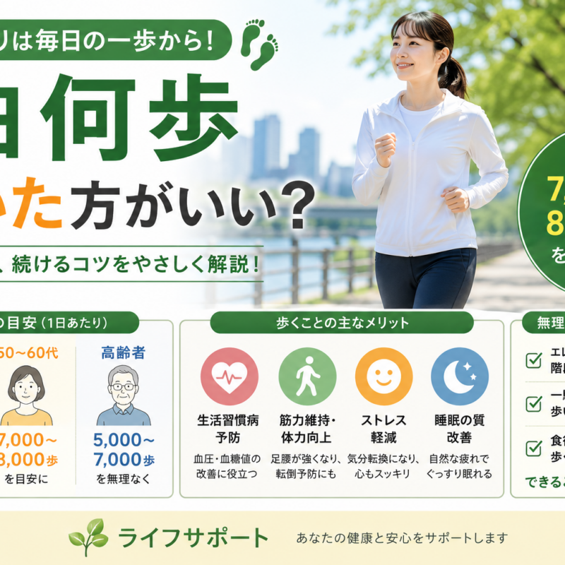 1日何歩歩いた方がいいかをわかりやすく解説したアイキャッチ画像 年齢別の目安や健康効果を紹介