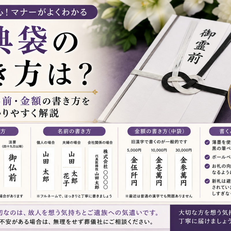 香典袋の書き方をわかりやすく解説したアイキャッチ画像 表書きや名前金額の書き方を紹介