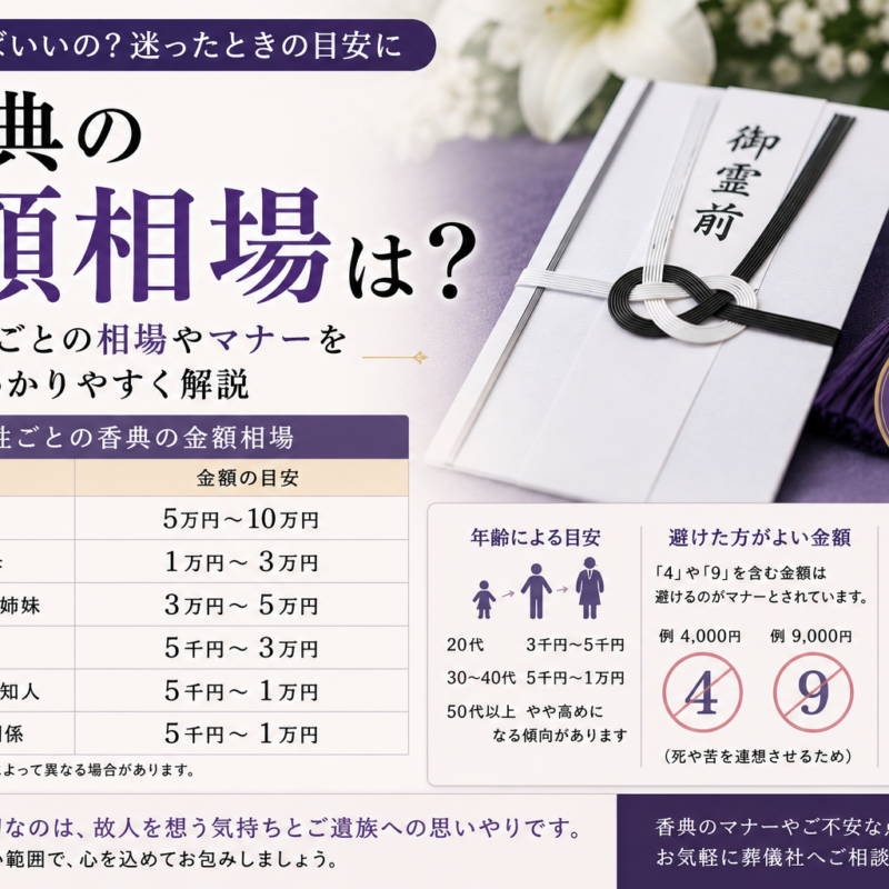 香典の金額相場をわかりやすく解説したアイキャッチ画像 関係性ごとの目安やマナーを紹介
