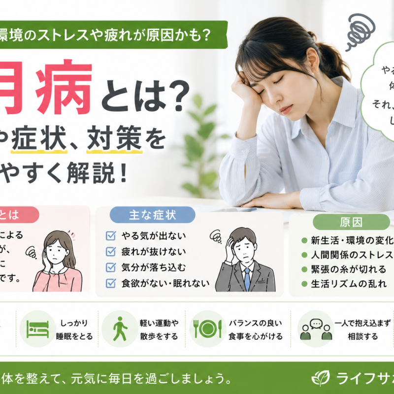 5月病の原因や症状対策をわかりやすく解説したアイキャッチ画像 新生活のストレスについて紹介
