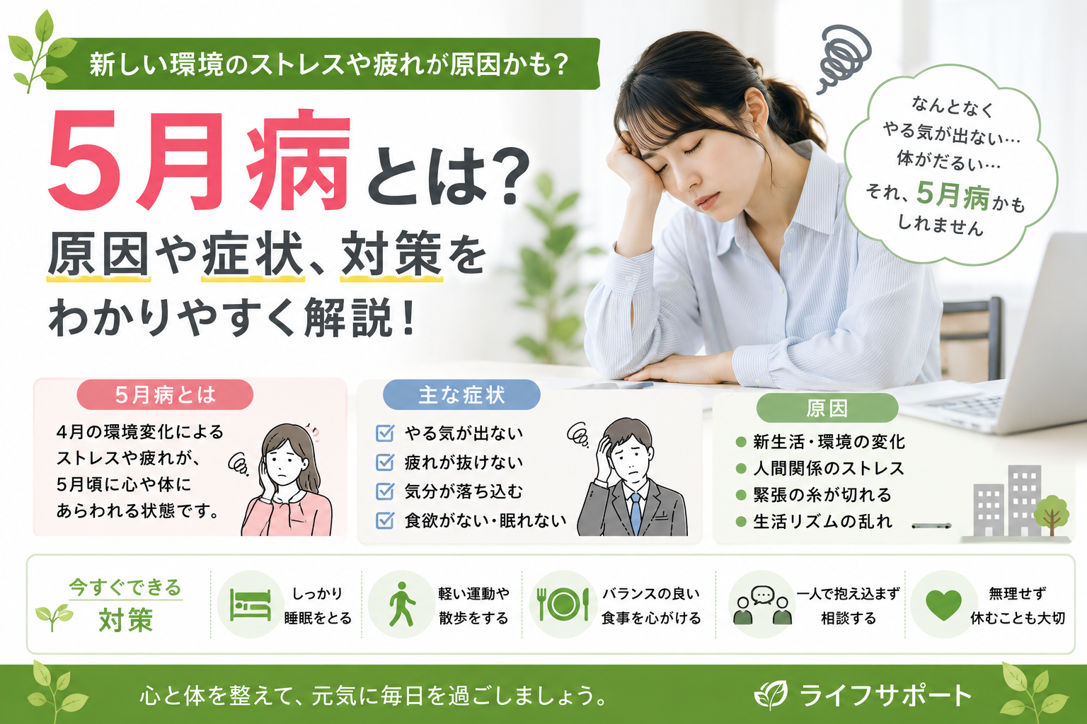 5月病の原因や症状対策をわかりやすく解説したアイキャッチ画像 新生活のストレスについて紹介