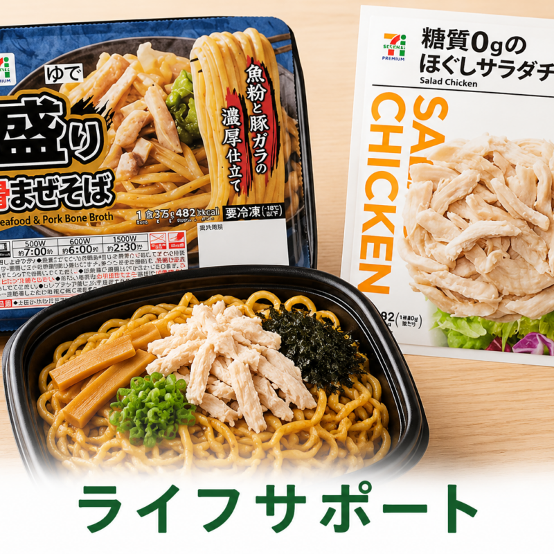 魚介豚骨まぜそばとほぐしサラダチキンの組み合わせ｜ライフサポート