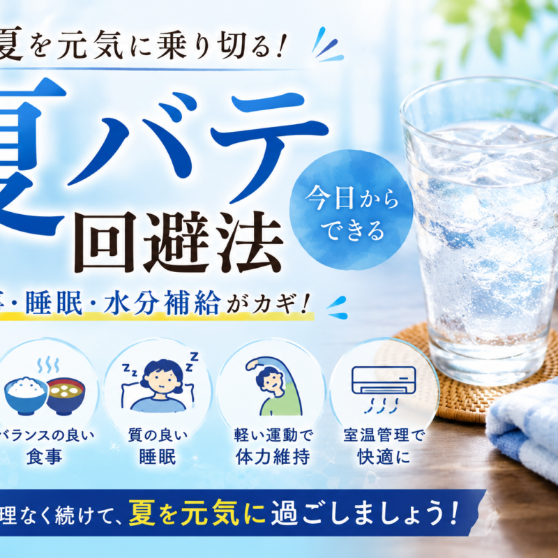 夏バテ回避法をわかりやすく解説したアイキャッチ画像 水分補給や食事 睡眠のポイントを紹介