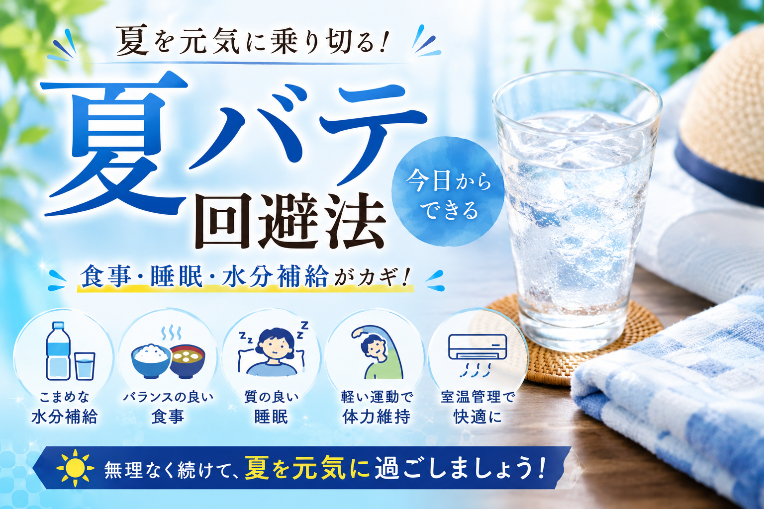 夏バテ回避法をわかりやすく解説したアイキャッチ画像 水分補給や食事 睡眠のポイントを紹介