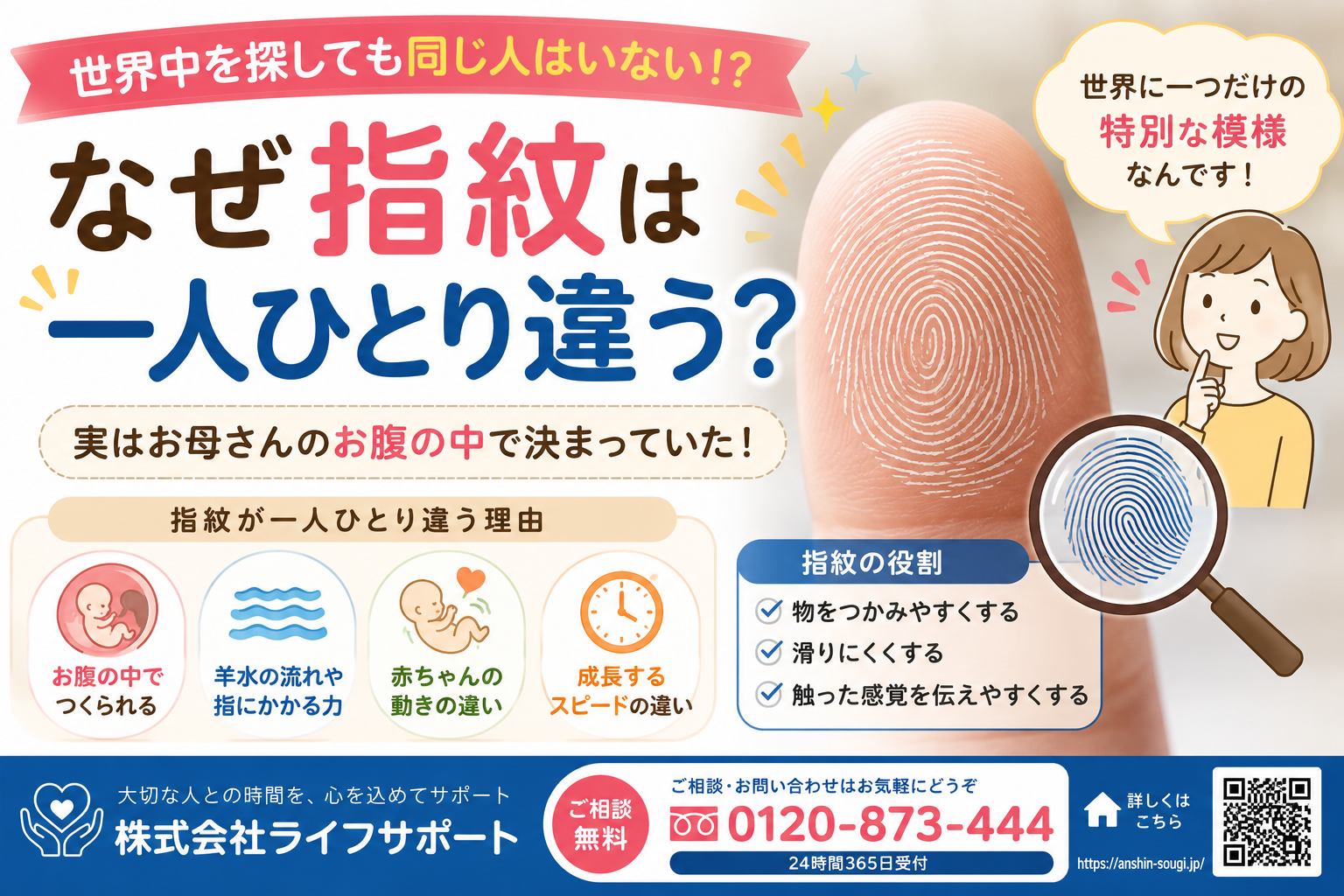 なぜ指紋は一人ひとり違うのかをわかりやすく解説したアイキャッチ画像 指紋ができる仕組みや役割を紹介