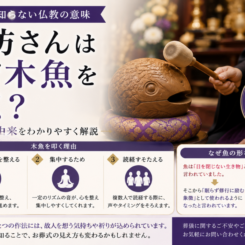 お坊さんが木魚を叩く理由や意味をわかりやすく解説したアイキャッチ画像
