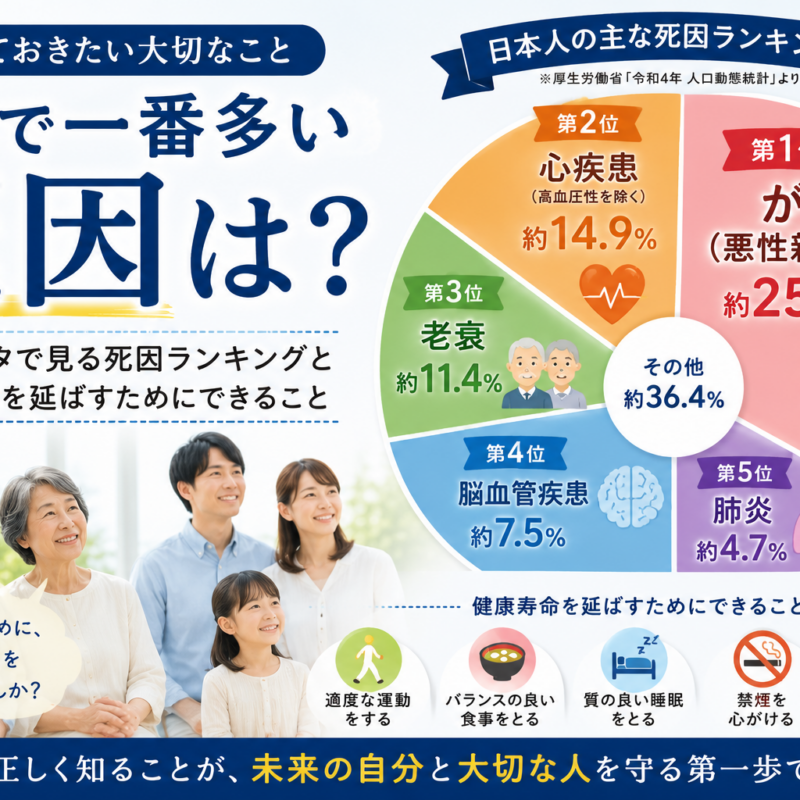 日本で一番多い死因をわかりやすく解説したアイキャッチ画像 死因ランキングや健康寿命について紹介