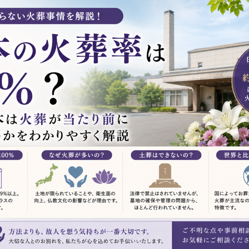 日本の火葬率は何パーセントなのかをわかりやすく解説したアイキャッチ画像 火葬が当たり前になった理由を紹介