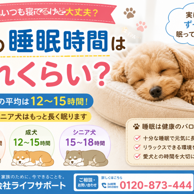 犬の睡眠時間はどれくらいなのかをわかりやすく解説したアイキャッチ画像 成犬や子犬 シニア犬の睡眠時間を紹介