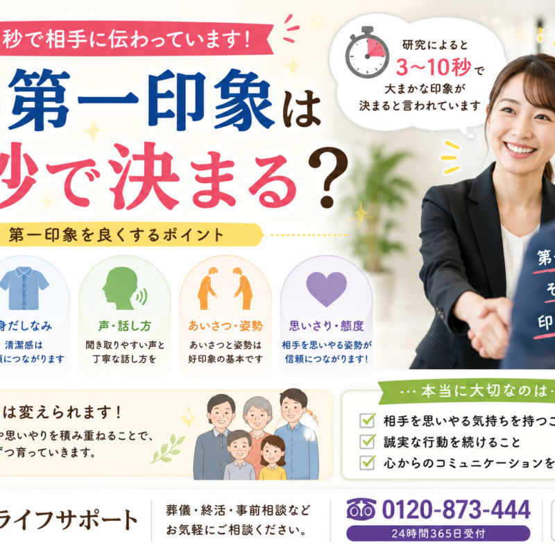 人の第一印象は何秒で決まるのかをわかりやすく解説したアイキャッチ画像 第一印象を良くするポイントを紹介