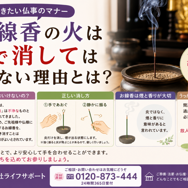 お線香の火を息で消してはいけない理由をわかりやすく解説したアイキャッチ画像 仏事の基本マナーを紹介