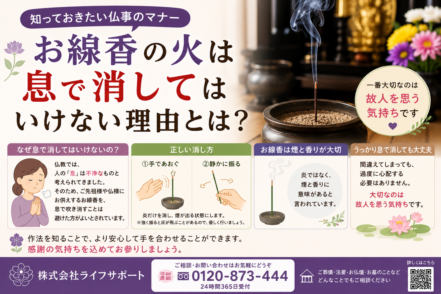 お線香の火を息で消してはいけない理由をわかりやすく解説したアイキャッチ画像 仏事の基本マナーを紹介