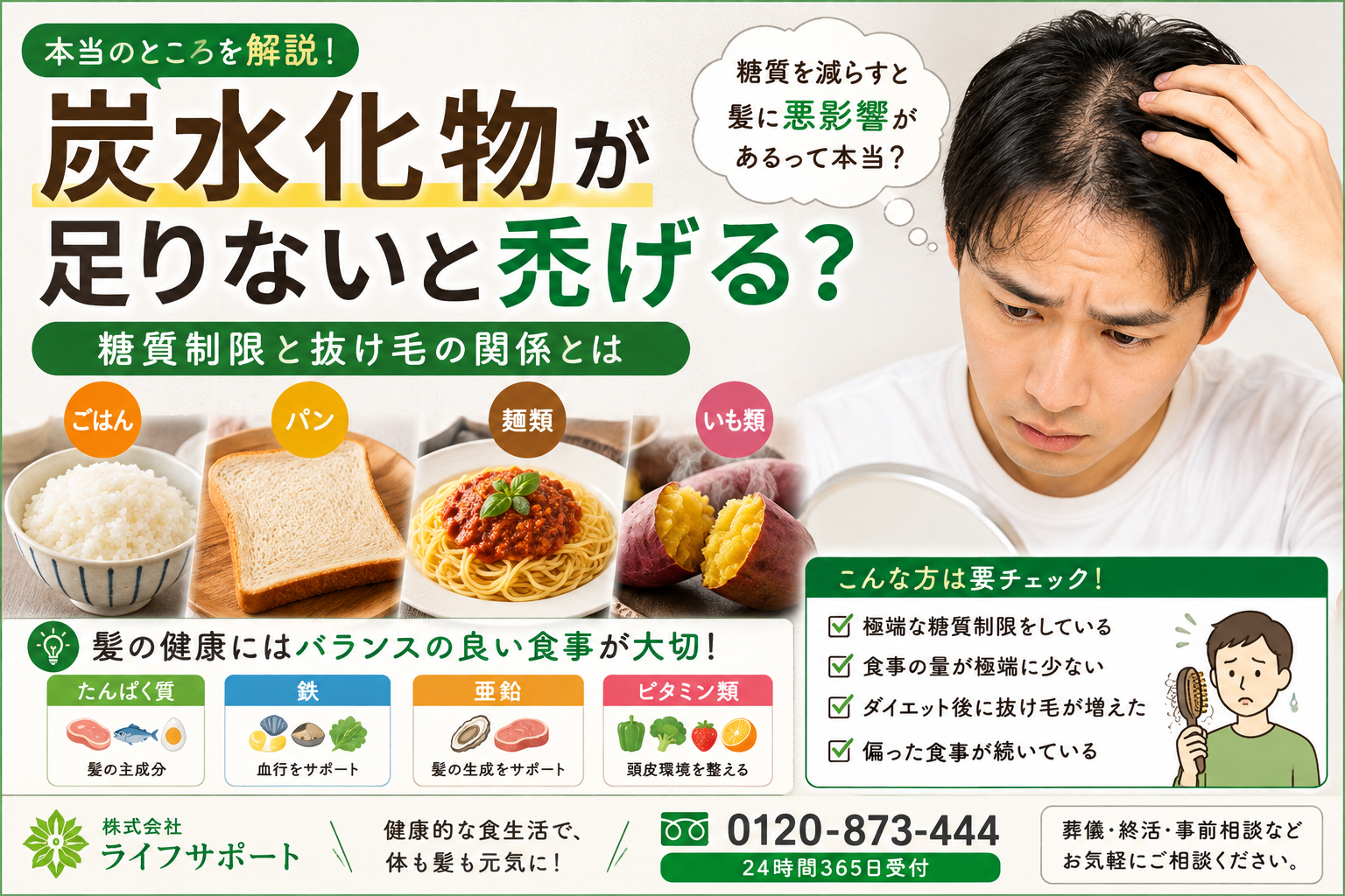 炭水化物不足で禿げるのかを解説したアイキャッチ画像 糖質制限や栄養不足と抜け毛の関係を紹介