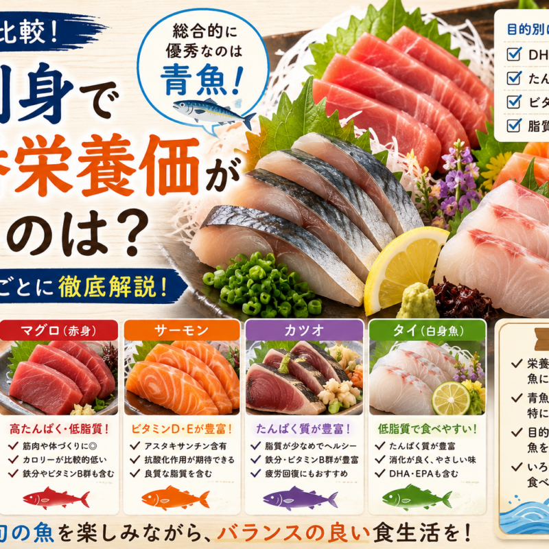 お刺身で一番栄養価が高い魚は何かを解説したアイキャッチ画像 サバやイワシ マグロ サーモン カツオ タイの栄養を比較