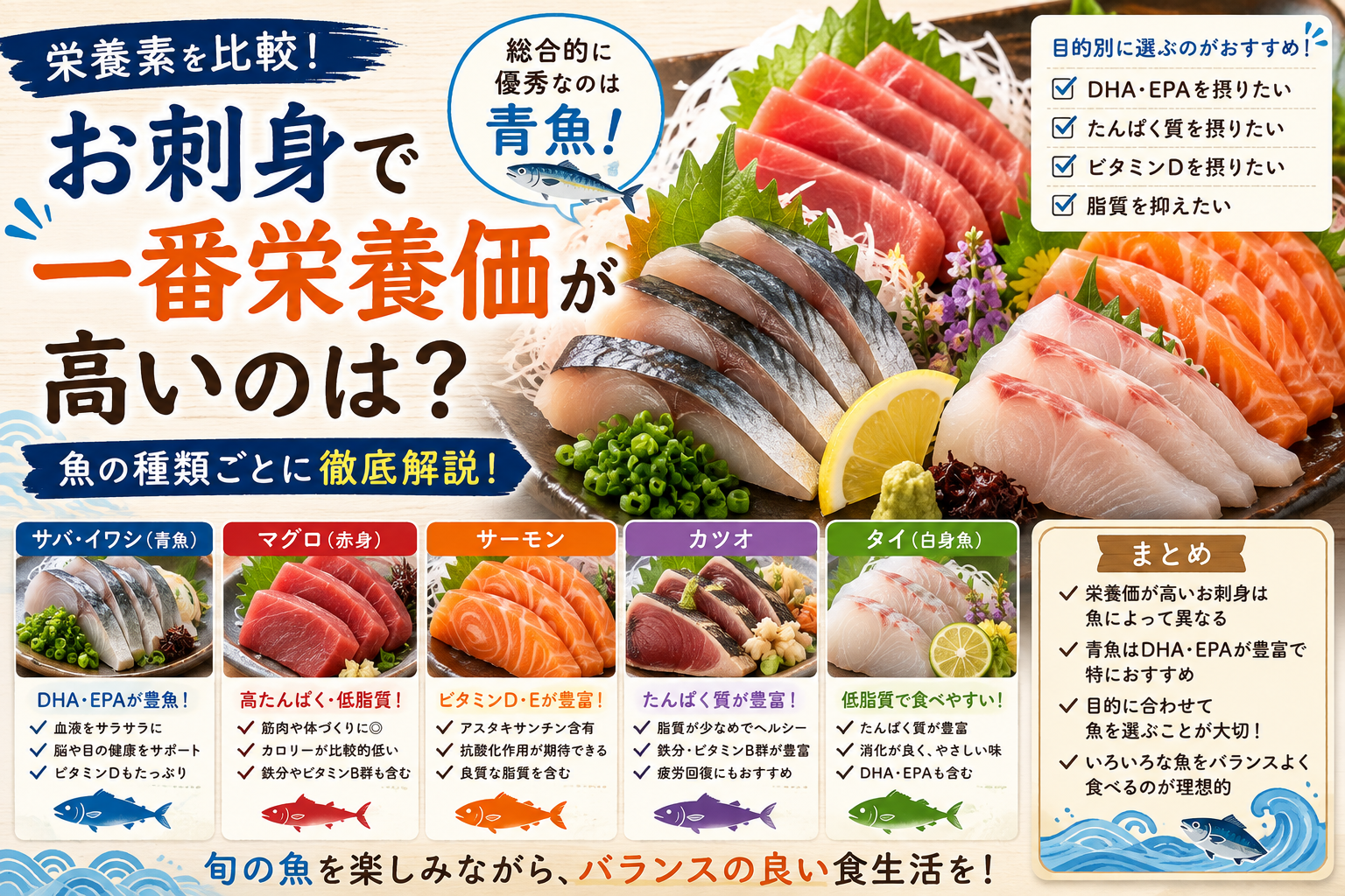 お刺身で一番栄養価が高い魚は何かを解説したアイキャッチ画像 サバやイワシ マグロ サーモン カツオ タイの栄養を比較