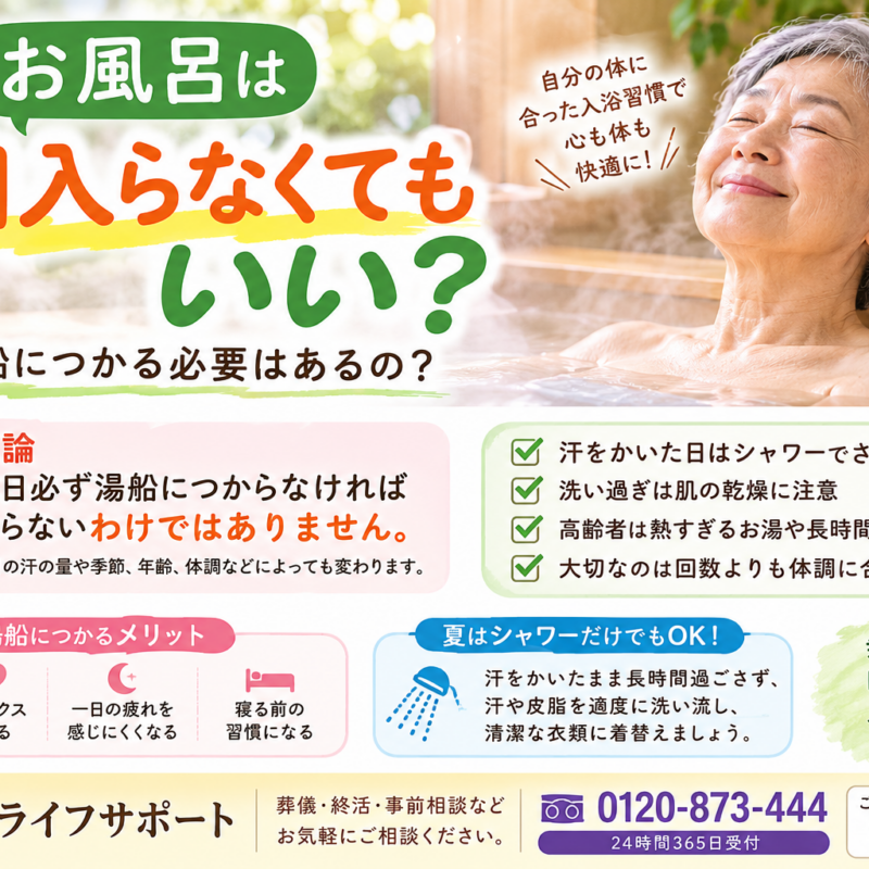 お風呂は毎日入らなくてもいいのかを解説したアイキャッチ画像 湯船につかる頻度やシャワーだけでもよい場合について紹介