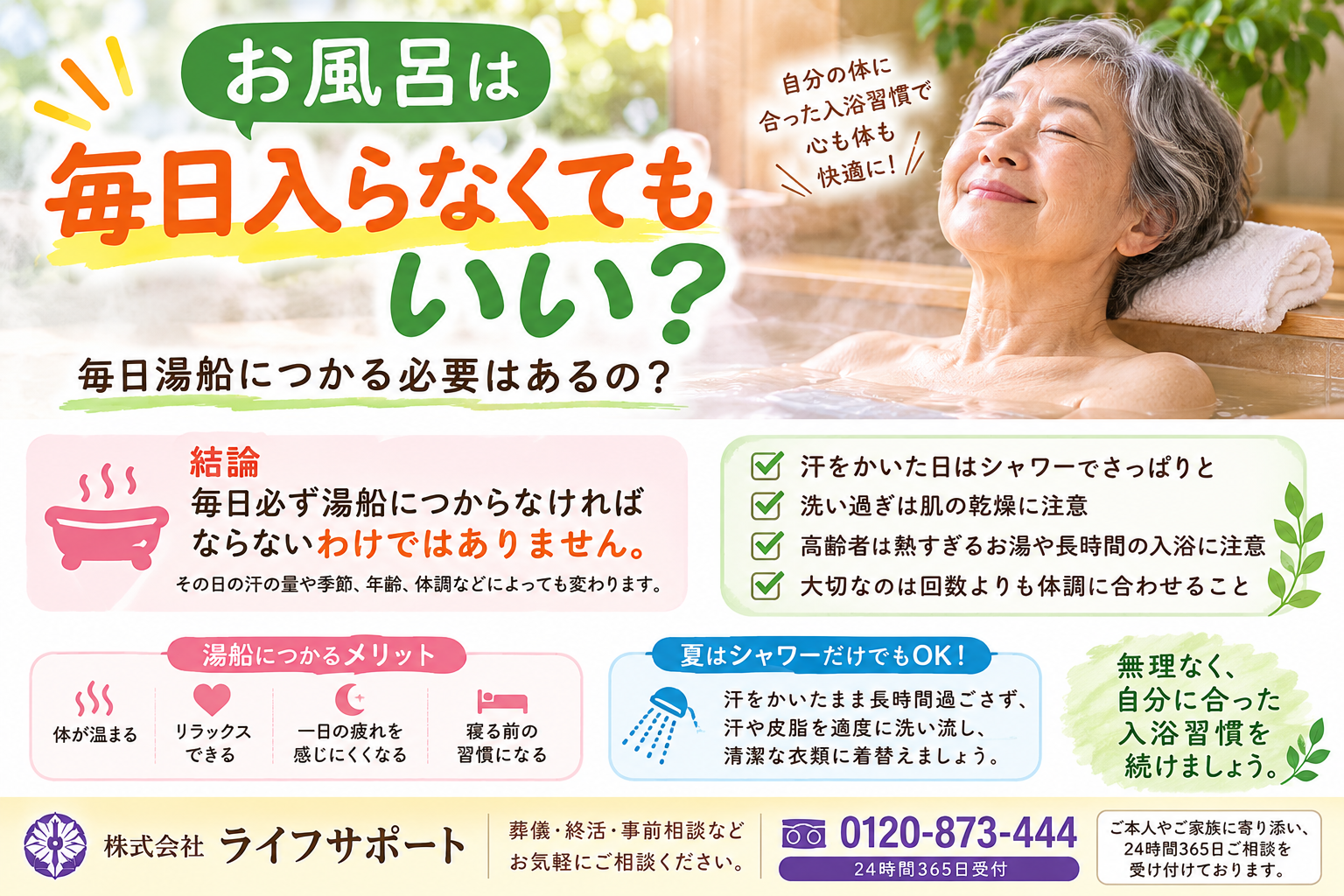 お風呂は毎日入らなくてもいいのかを解説したアイキャッチ画像 湯船につかる頻度やシャワーだけでもよい場合について紹介