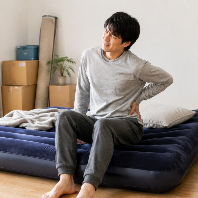 エアーベッドで寝て腰や背中に痛みを感じる男性｜新生活の寝具選び｜ライフサポート
