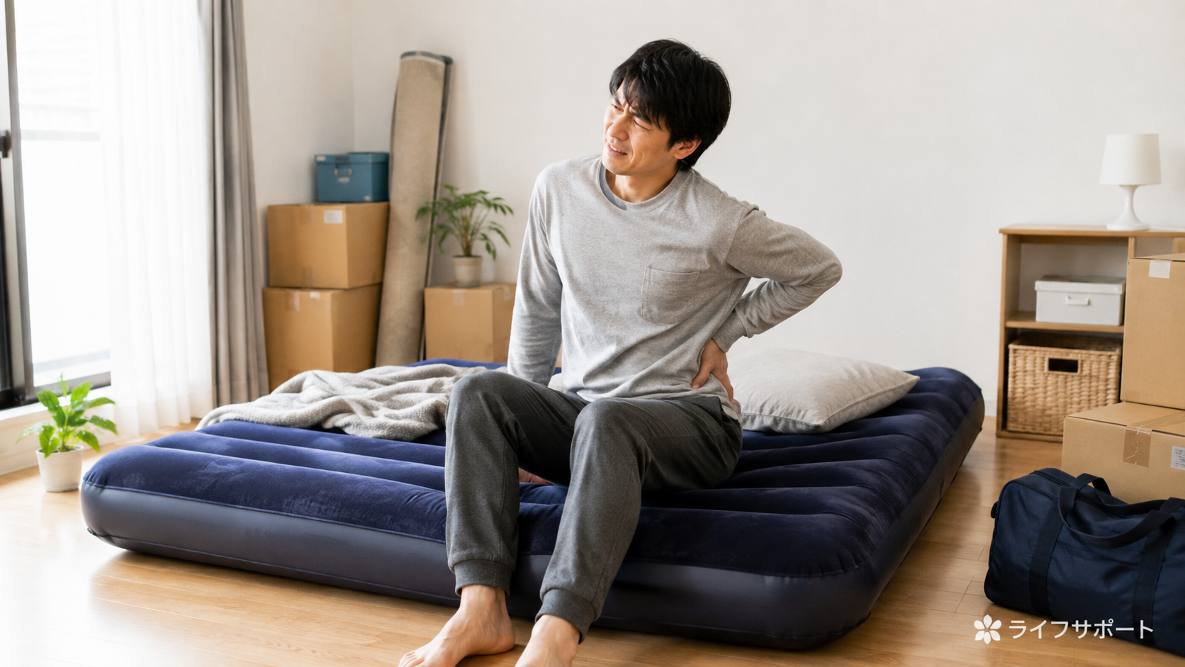 エアーベッドで寝て腰や背中に痛みを感じる男性｜新生活の寝具選び｜ライフサポート