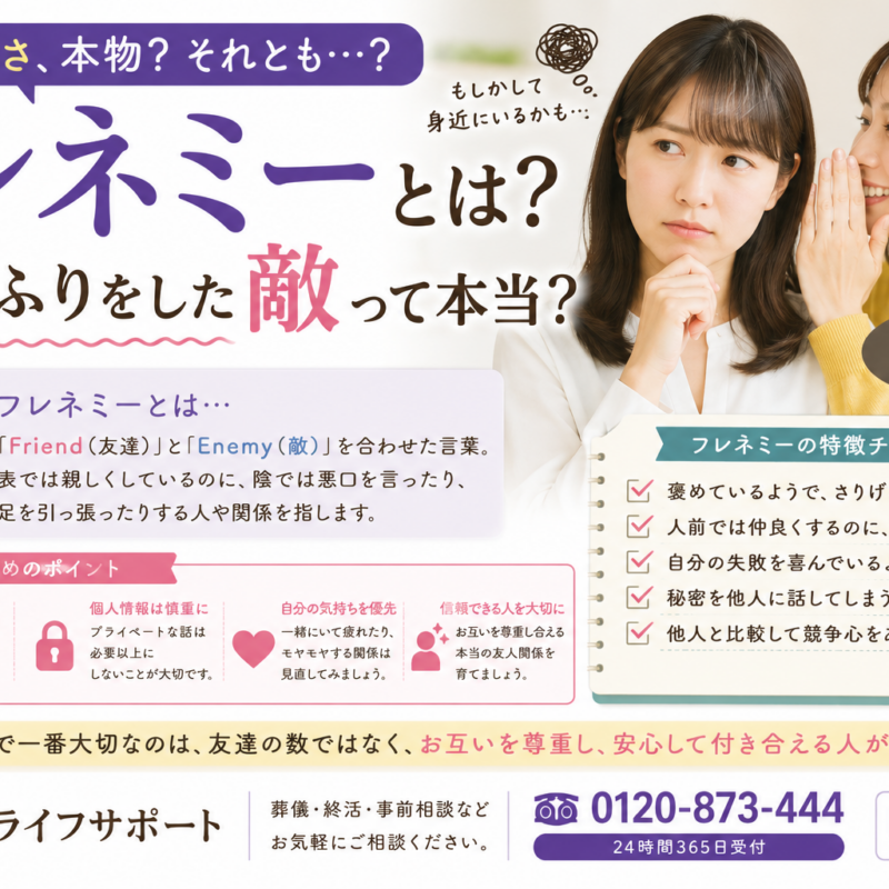 フレネミーとは何かをわかりやすく解説したアイキャッチ画像 友達のふりをした敵の特徴や人間関係での対処法を紹介