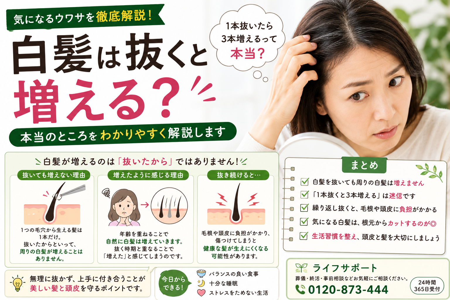 白髪は抜くと増えるのかを解説したアイキャッチ画像 白髪の原因や抜き続けるリスクを紹介