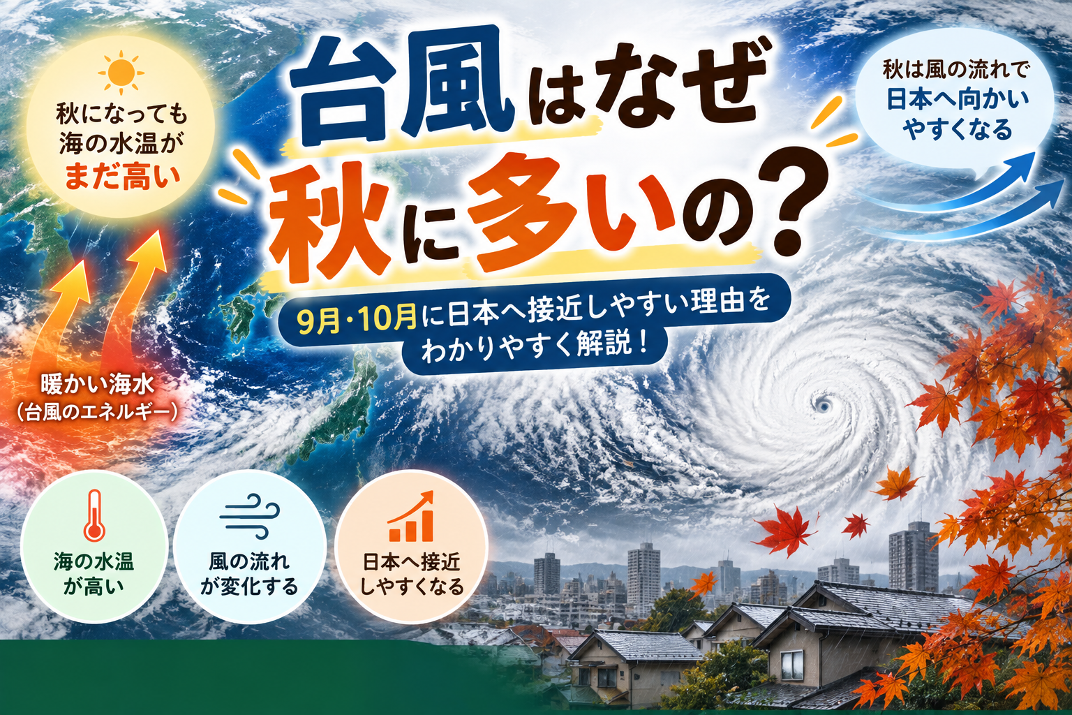 台風はなぜ秋に多いのか 海水温や風の流れによって9月・10月に日本へ接近しやすくなる理由を解説したアイキャッチ画像