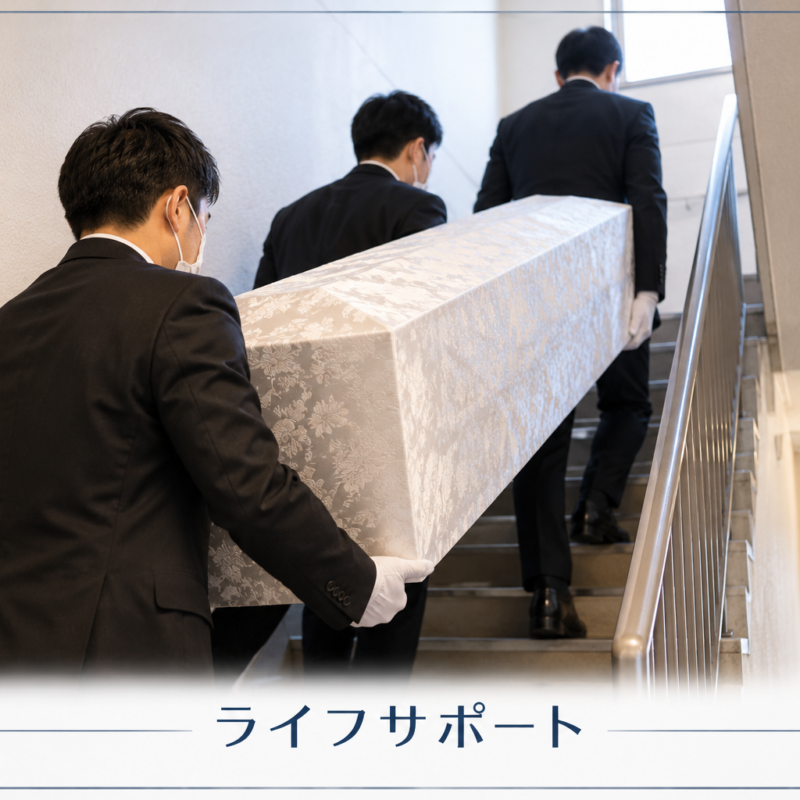 エレベーターのないマンションで故人様を階段からご自宅へ搬送する様子｜自宅安置とお棺の搬入について｜ライフサポート