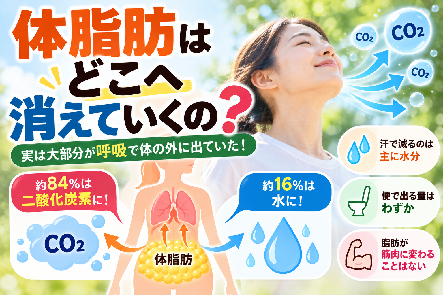体脂肪はどこへ消えていくの？脂肪の約84％が二酸化炭素として呼吸から排出される仕組みを解説したアイキャッチ画像