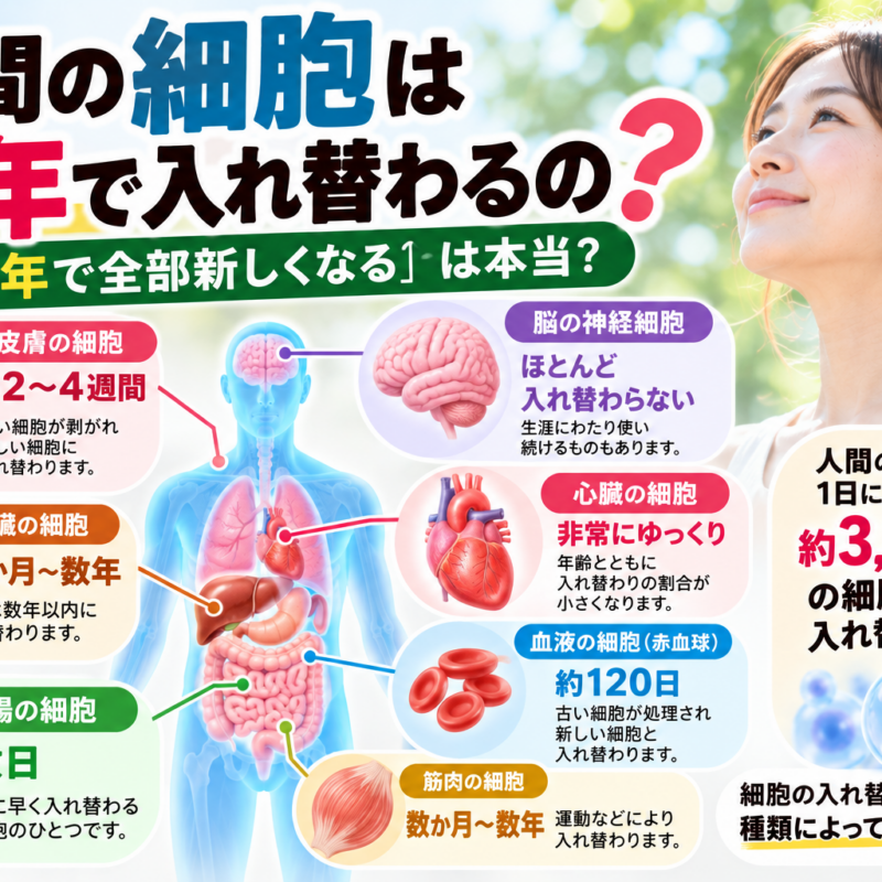 人間の細胞は何年で入れ替わるの？皮膚・腸・血液・肝臓・心臓・脳の細胞の寿命と入れ替わる周期を解説したアイキャッチ画像
