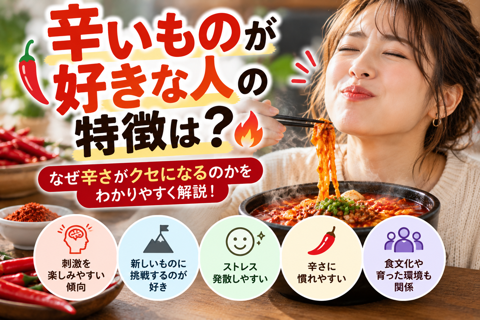 辛いものが好きな人の特徴とは 刺激を楽しむ性格の傾向や辛さがクセになる理由を解説したアイキャッチ画像