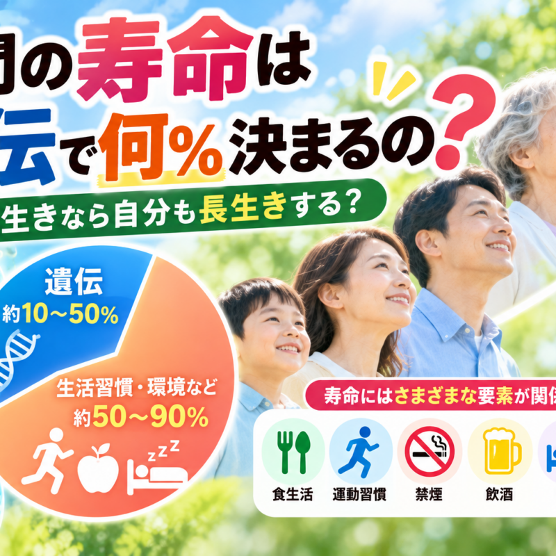 人間の寿命は遺伝で何％決まるの？親が長生きなら子どもも長生きするのか、遺伝と生活習慣の関係を解説したアイキャッチ画像